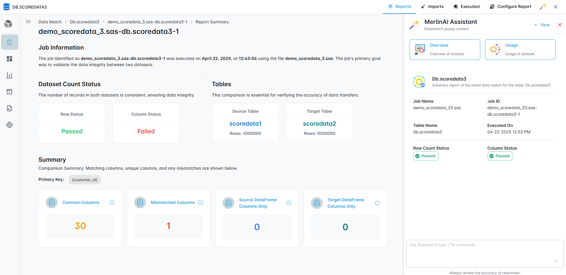 Data matching validation